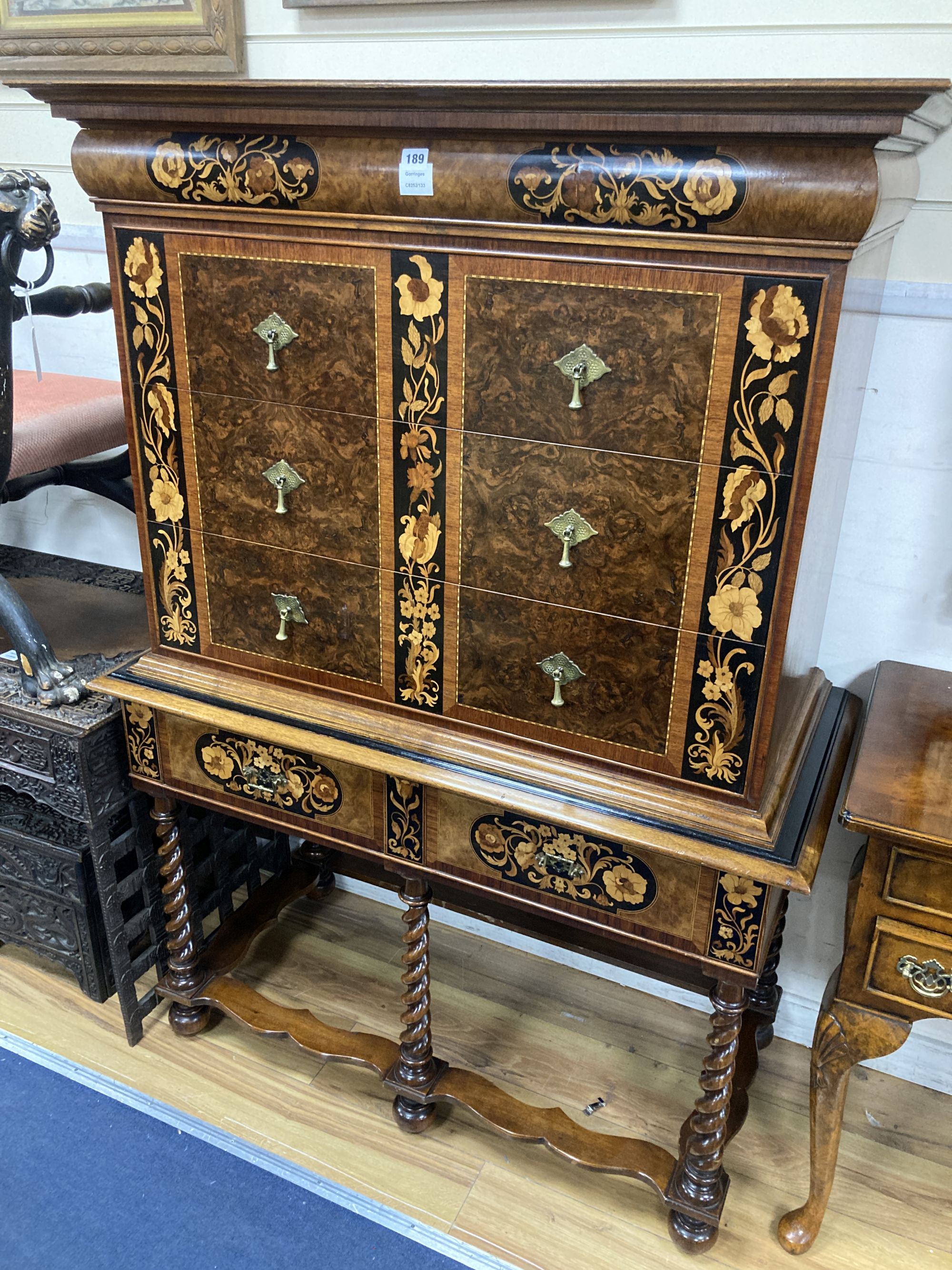 An 18th century style Dutch marquetry inlaid burr walnut chest on stand, width 108cm, depth 51cm, height 153cm